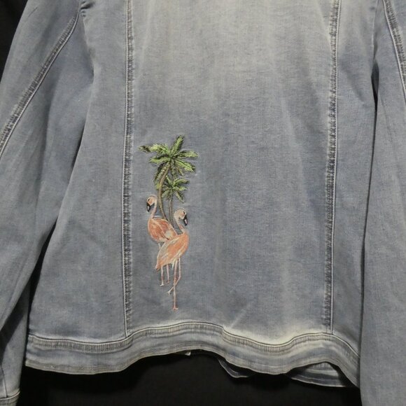 CHICO'S | size 3 | Button-Up Front Blue Denim Jacket | Flamingo Front and Back - Picture 15 of 16